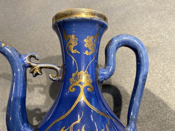 A Chinese gilt-decorated powder blue-ground jug with mythical beasts, Kangxi